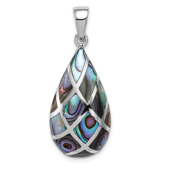 Sterling Silver Teardrop Pendant Necklace with Abalone Shell Mosaic for Women, Iridescent Ocean Tones, Boho Beach Style, Nature-Inspired Elegant Jewelry