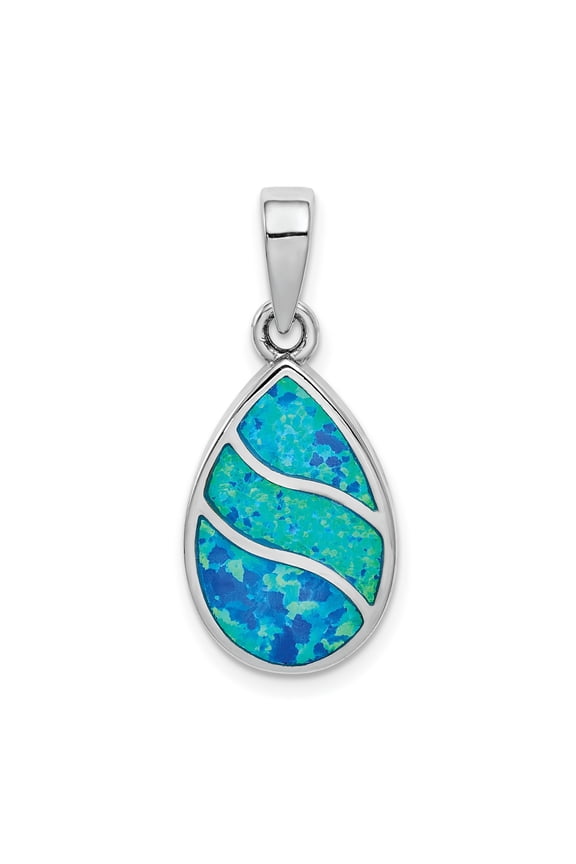 Sterling Silver Teardrop Pendant Necklace with Blue Green Opal Inlay, Wavy Ocean Inspired Design for Women, Boho Nature Style Artisan Jewelry for Daily Wear