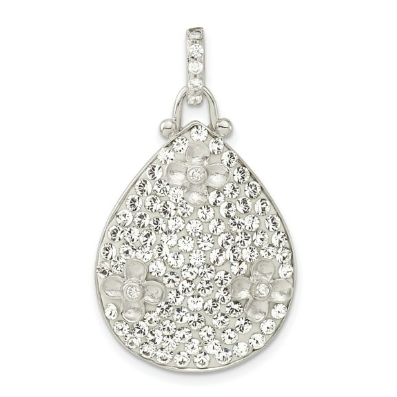 Sterling Silver Teardrop Pendant Necklace for Women with Clear Crystals, Floral Accents, Elegant Botanical Jewelry for Everyday or Occasion Wear