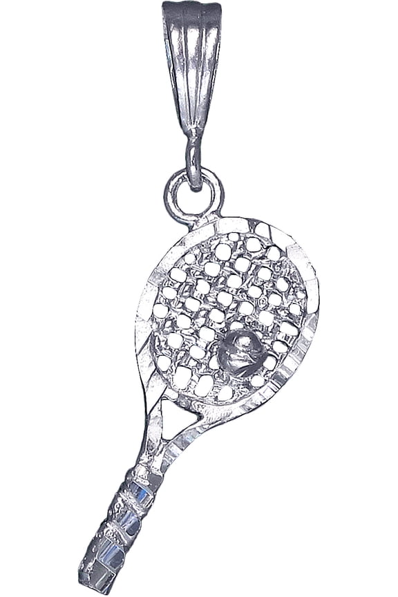 Sterling Silver Tennis Racket Charm Pendant Necklace with Diamond Cut Finish and 18 Inch Rolo Chain