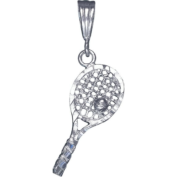 Sterling Silver Tennis Racket Charm Pendant Necklace with Diamond Cut Finish and 18 Inch Rolo Chain