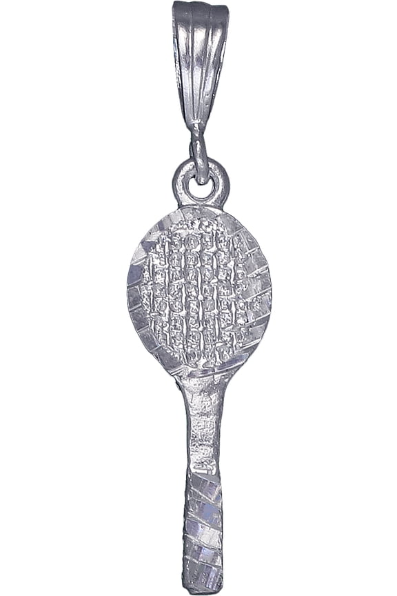 Sterling Silver Tennis Racket Charm Pendant Necklace with Diamond Cut Finish and 24 Inch Figaro Chain
