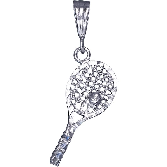 Sterling Silver Tennis Racket Charm Pendant Necklace with Diamond Cut Finish and 24 Inch Figaro Chain