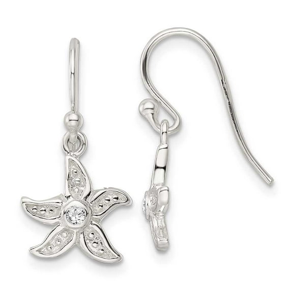 Finest Gold Sterling Silver Textured CZ Center Starfish Shepherd Hook Earrings