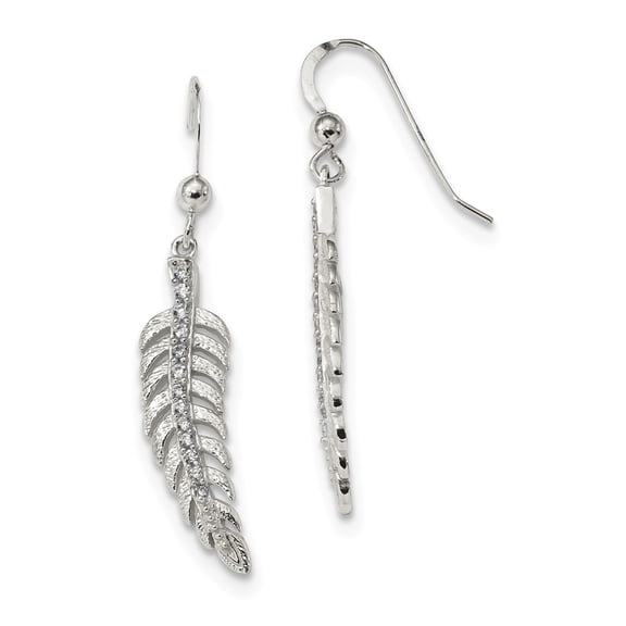 Sterling Silver Textured Cubic Zirconia Feather Shepherd Hook Earrings - Measures 39.6x7.8mm Wide
