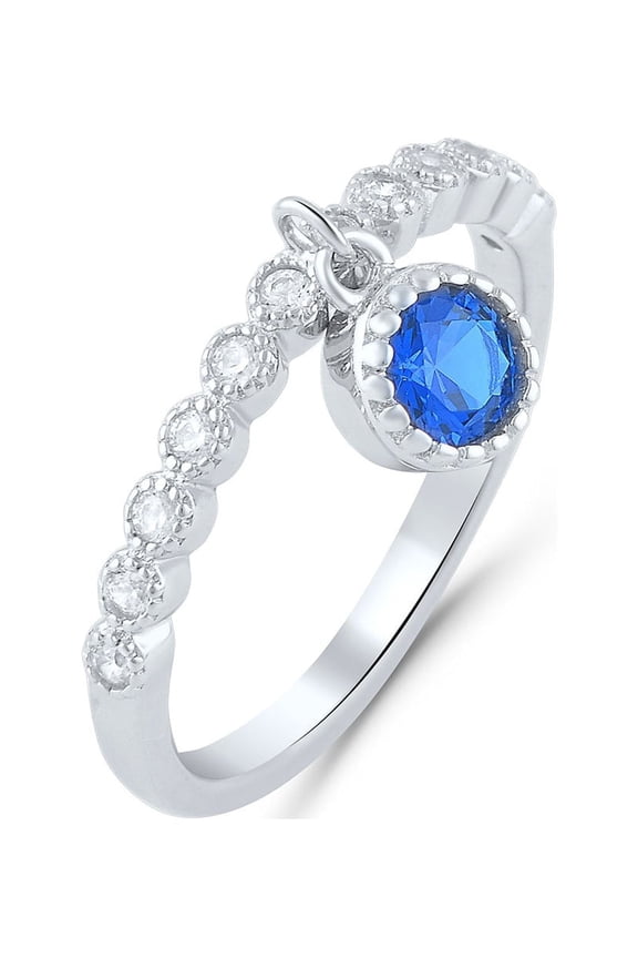 Sterling Silver Thin Stackable Blue Cz Dangling Charm Ring for Women and Teens - Size 8