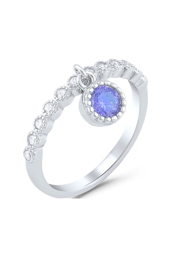 Sterling Silver Thin Stackable Purple Cz Dangling Charm Ring for Women and Teens - Size 9