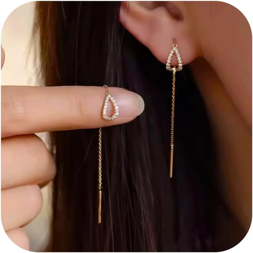 Sterling Silver Threader Earrings for Women Hypoallergenic S925 Dainty Long Chain Ear Line with Cubic Zirconia Elegant Dangle Tassel Earrings Heart Earrings Graduation Gifts