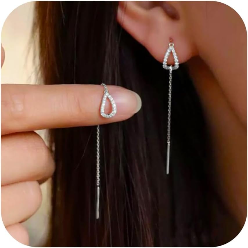 Sterling Silver Threader Earrings for Women Hypoallergenic S925 Dainty Long Chain Ear Line with Cubic Zirconia Elegant Dangle Tassel Earrings Heart Earrings Graduation Gifts