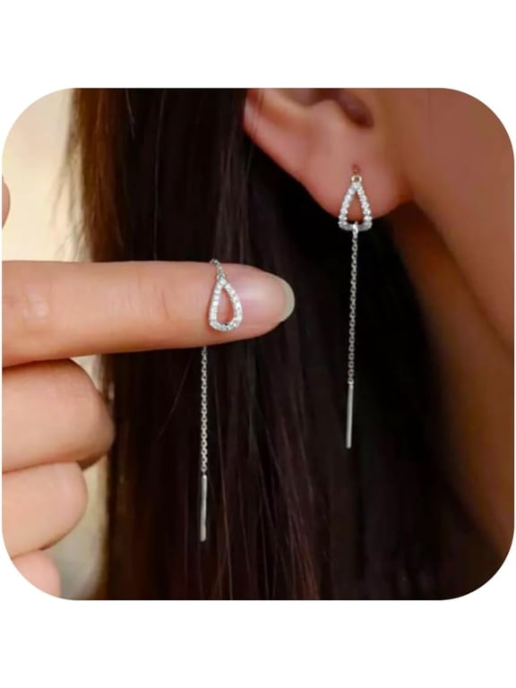 Sterling Silver Threader Earrings for Women Hypoallergenic S925 Dainty Long Chain Ear Line with Cubic Zirconia Elegant Dangle Tassel Earrings Heart Earrings Graduation Gifts