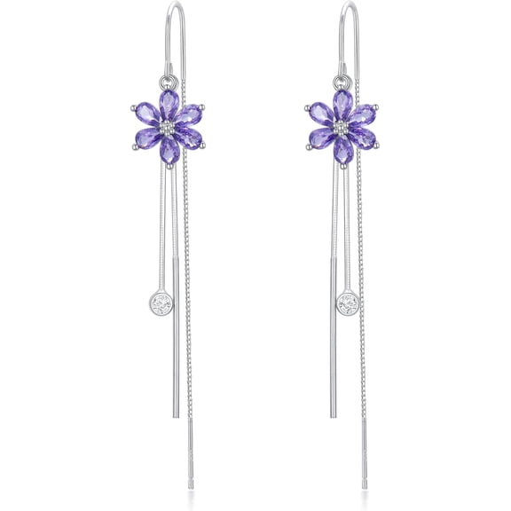 Sterling Silver Threader Earrings with Flower Crystal Cubic Zirconia Tassel Long Charm Dangle Drop Earrings Jewelry Gifts for Women