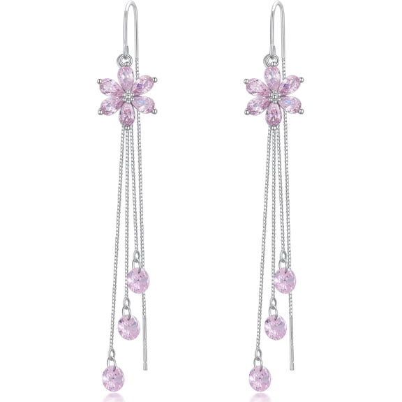 Sterling Silver Threader Earrings with Flower Crystal Tassel Long Charm Drop Dangle Earrings Jewelry Birthday Christmas Gifts for Women