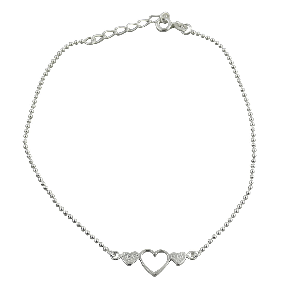 Sterling Silver Three Hearts Anklet, 8" or 9" Adjustable Ball Bead Chain