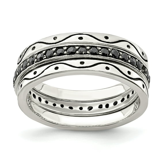 Sterling Silver Three Piece Set Antiqued & Black Cubic Zirconia Band Ring Size 8