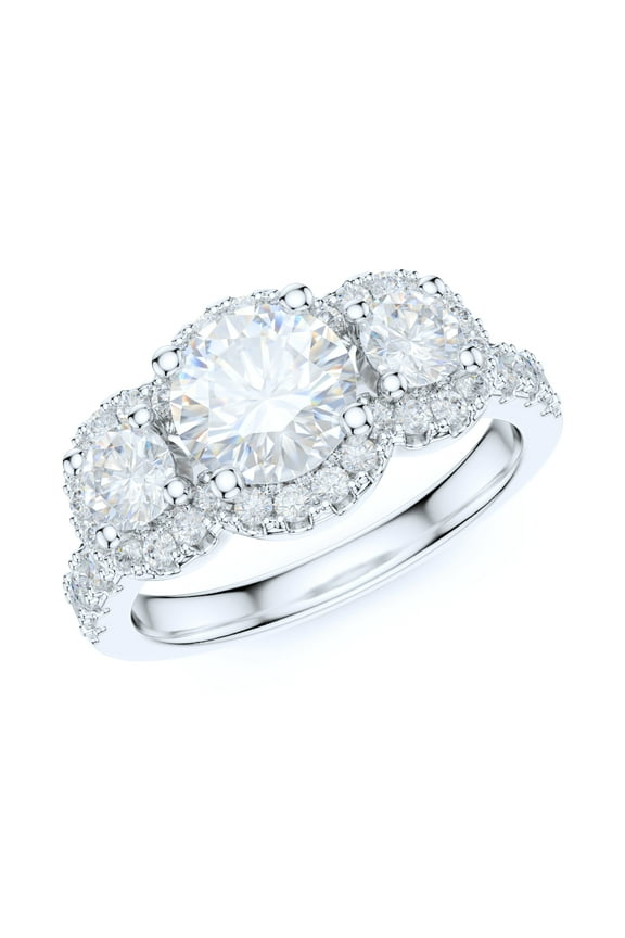 Sterling Silver Three Stones 1CT Simulated Round Brilliant Cut Diamond Halo Engagement Ring Wedding Promise Ring (8)