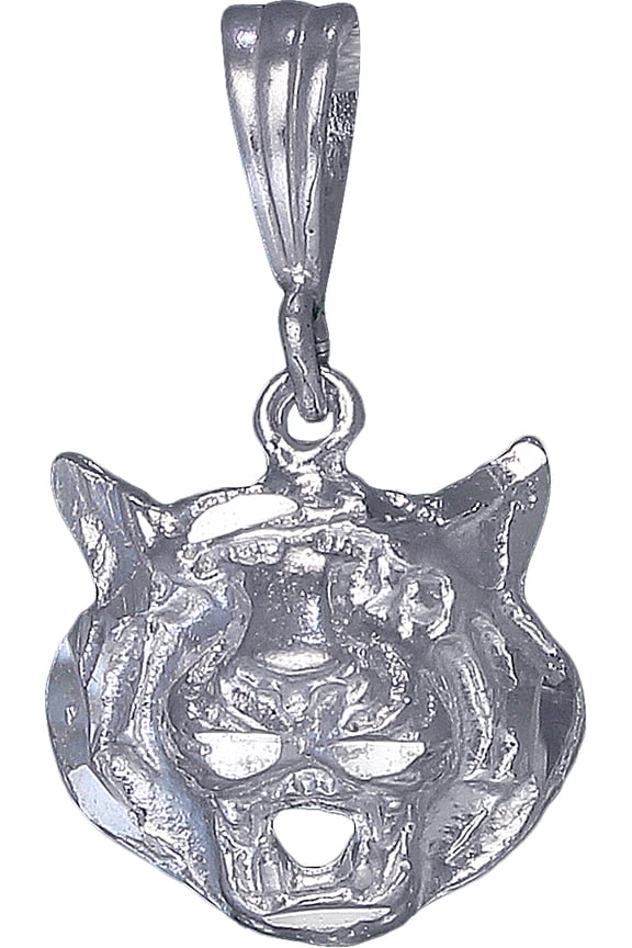 Sterling Silver Tiger Head Charm Pendant Necklace with Diamond Cut Finish and 24 Inch Figaro Chain