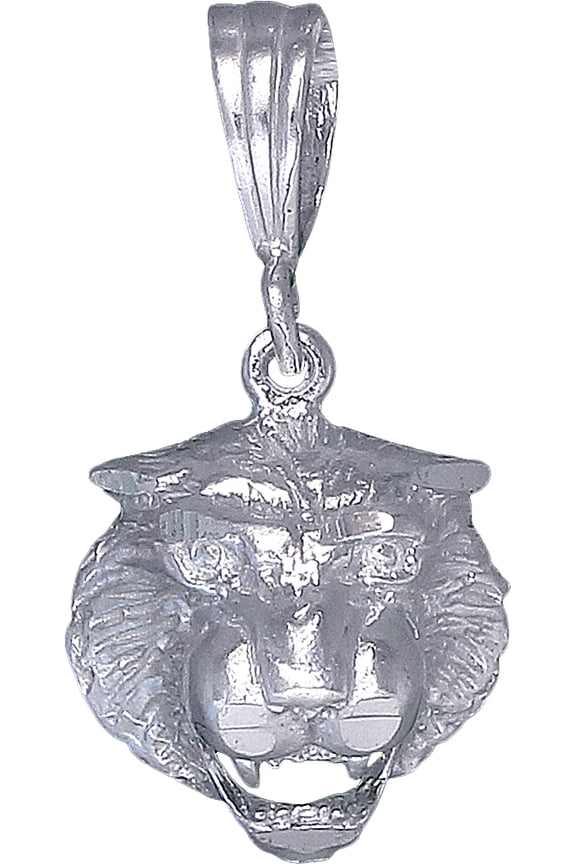 Sterling Silver Tiger Head Charm Pendant Necklace with Diamond Cut Finish and 24 Inch Figaro Chain