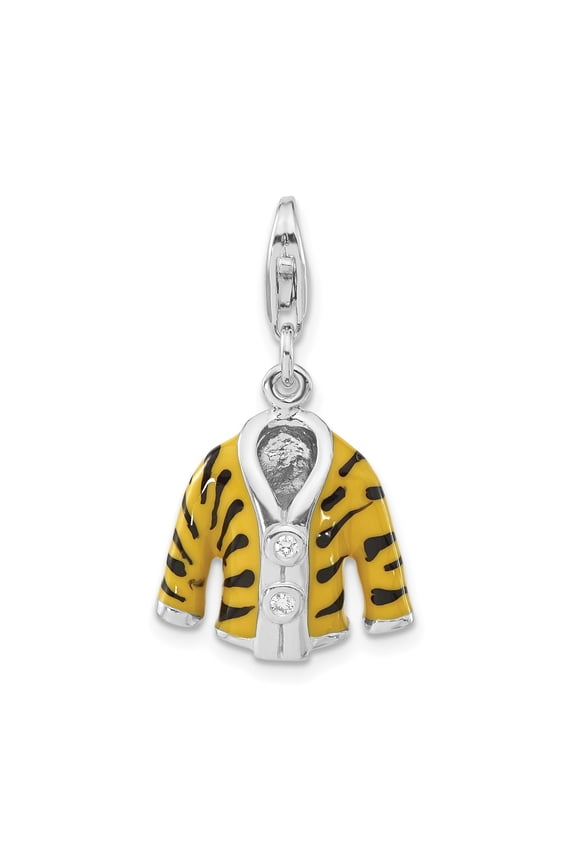 Sterling Silver Tiger Jacket Charm with Black and Yellow Enamel, Crystal Accents, Animal Print Pendant for Women or Unisex Necklace or Bracelet, Bold Fashion Jewelry Collectible