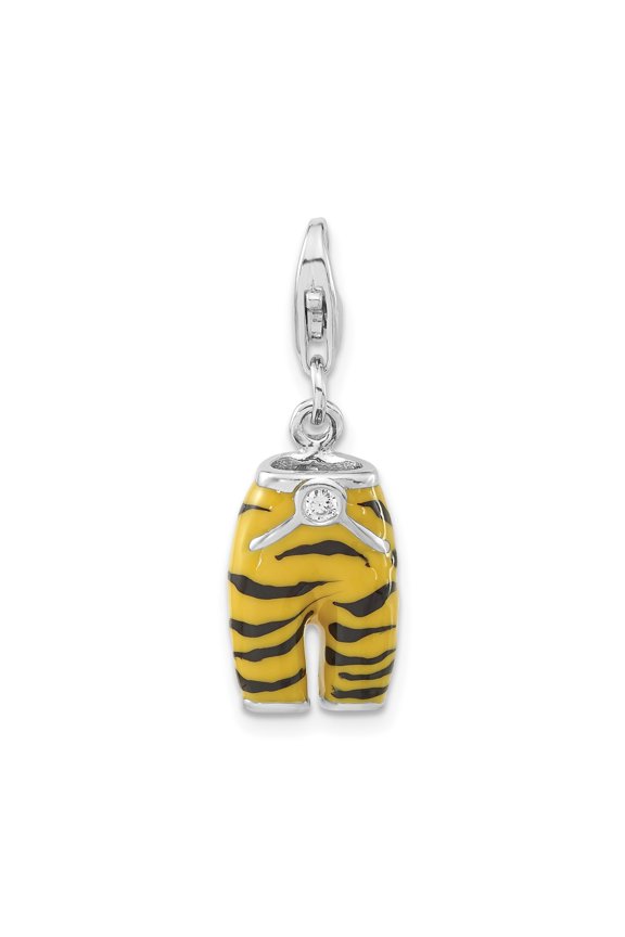 Sterling Silver Tiger Pants Charm Pendant with Rhinestone Belt, Black and Yellow Stripes, Animal Print Jewelry for Women or Unisex Bracelets and Necklaces