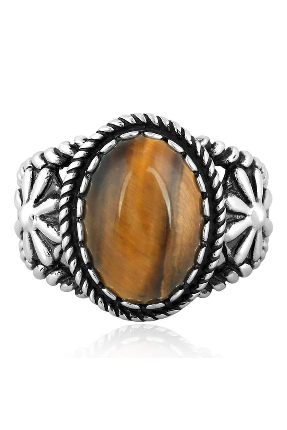 Sterling Silver Tiger's Eye Concha Flower Design Ring, Sizes 5 to 10