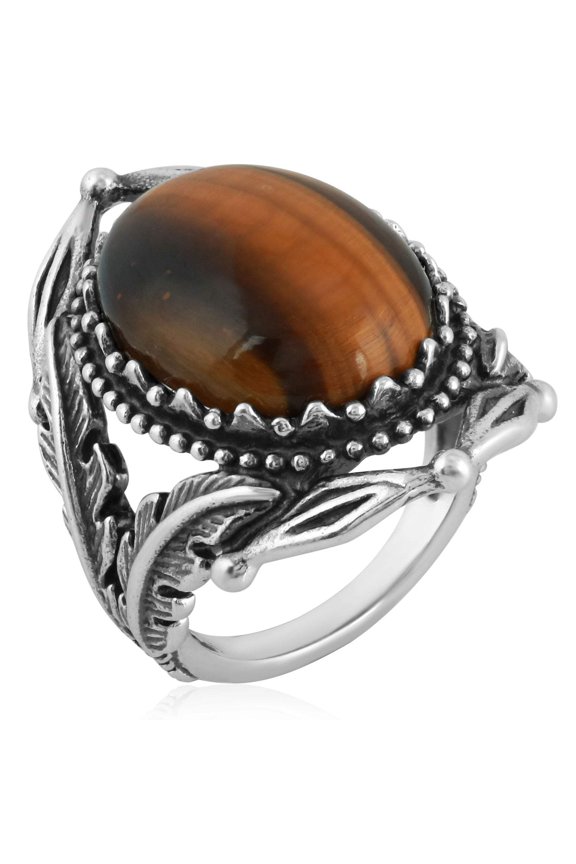 Sterling Silver Tiger's Eye Leaf Design Ring, Sizes 5 to 10