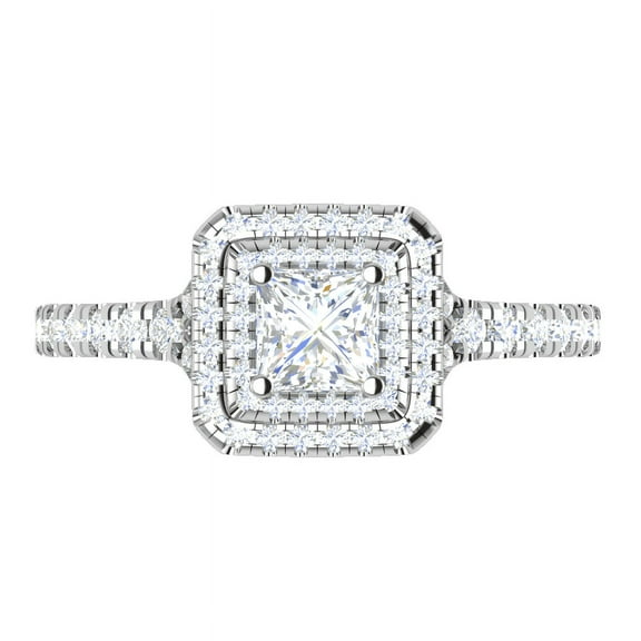 Sterling Silver Timeless Princess Cut Solitaire Double Square Halo Moissanite White Gold Ring Women