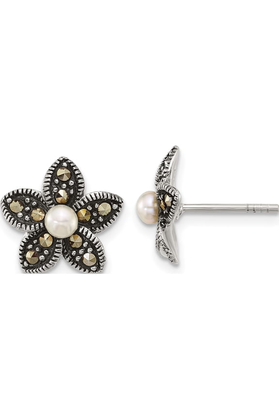 Sterling Silver Antiqued Marcasite and Freshwater Cultured Pearl Fancy Flower Post Earrings