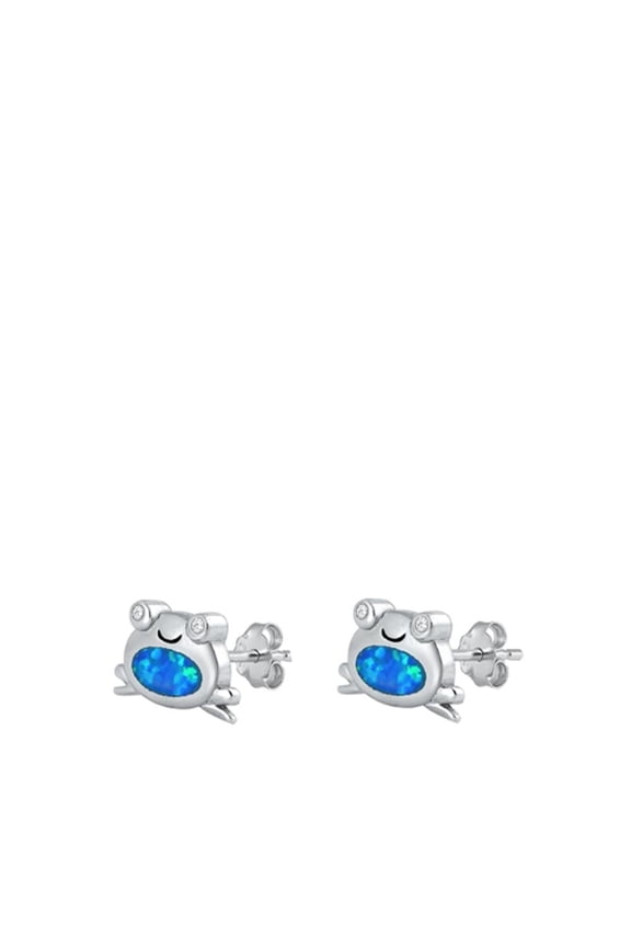 Sterling Silver Tiny Blue Simulated Opal Frog Animal Stud Earrings 925 New Jewelry Female Unisex