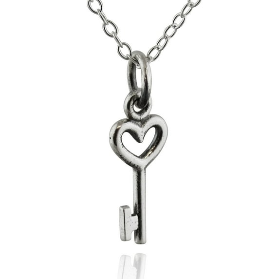 Sterling Silver Tiny Heart Skeleton Key Charm Necklace, 18" Chain