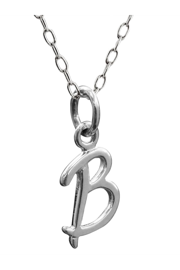 Sterling Silver Tiny Initial Letter B Charm Necklace, 18" Chain, Cursive Handwriting