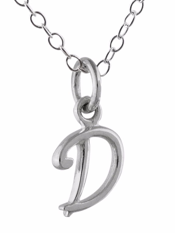 Sterling Silver Tiny Initial Letter D Charm Necklace, 18" Chain, Cursive Handwriting