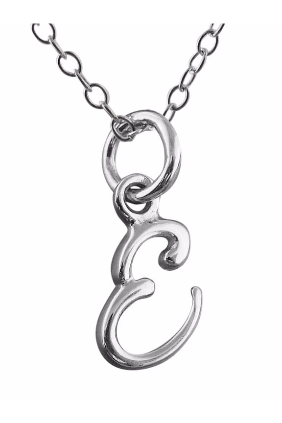 Sterling Silver Tiny Initial Letter E Charm Necklace, 18" Chain, Cursive Handwriting