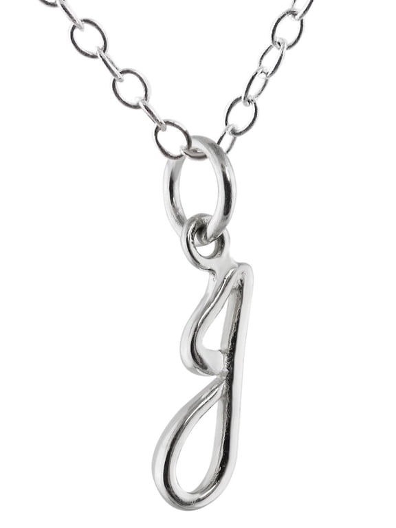Sterling Silver Tiny Initial Letter J Charm Necklace, 18" Chain, Cursive Handwriting