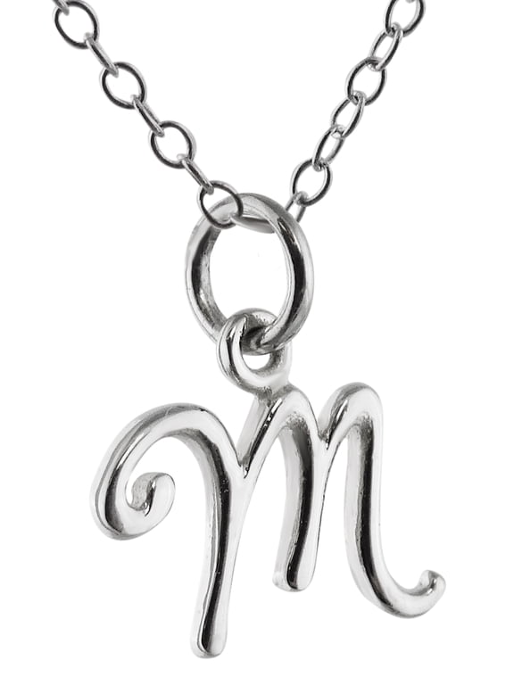 Sterling Silver Tiny Initial Letter M Charm Necklace, 18" Chain, Cursive Handwriting