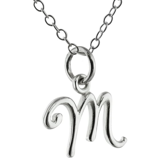 Sterling Silver Tiny Initial Letter M Charm Necklace, 18" Chain, Cursive Handwriting