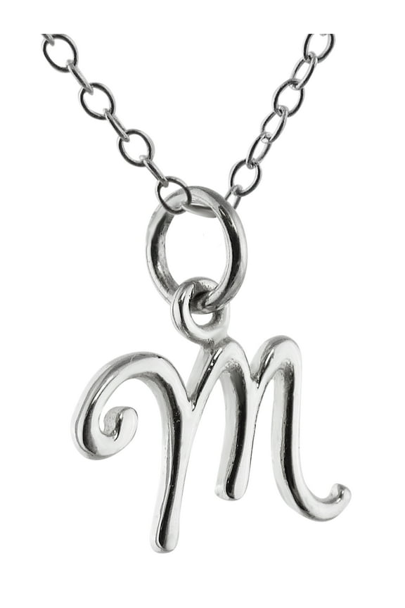 Sterling Silver Tiny Initial Letter M Charm Necklace, 18" Chain, Cursive Handwriting