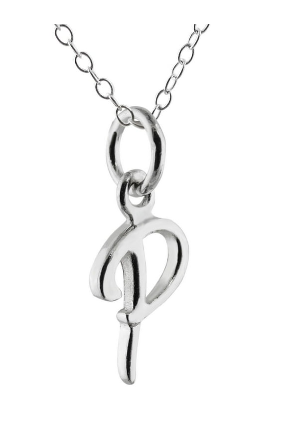 Sterling Silver Tiny Initial Letter P Charm Necklace, 18" Chain, Cursive Handwriting