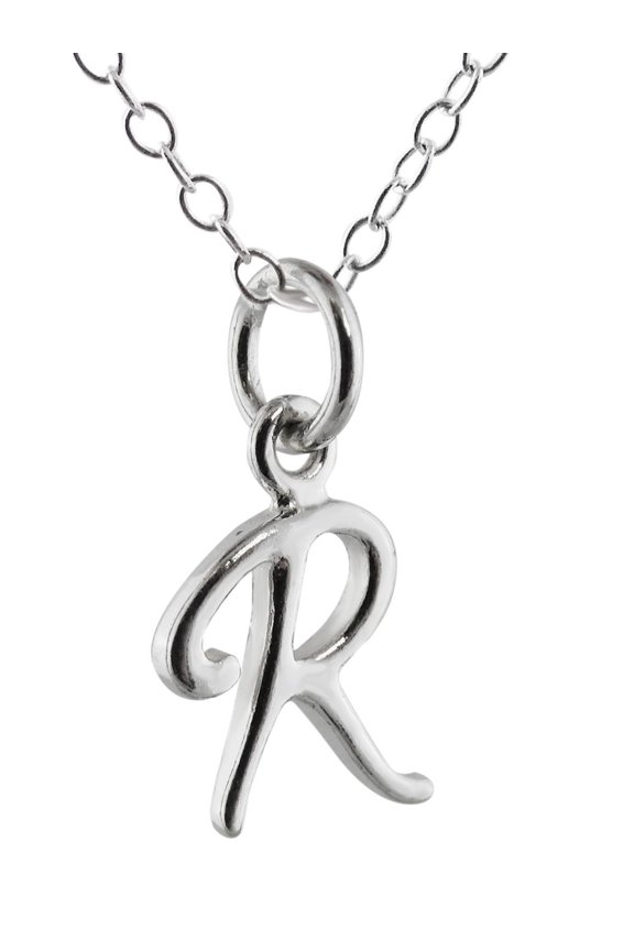 Sterling Silver Tiny Initial Letter R Charm Necklace, 18" Chain, Cursive Handwriting