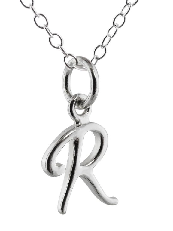 Sterling Silver Tiny Initial Letter R Charm Necklace, 18" Chain, Cursive Handwriting