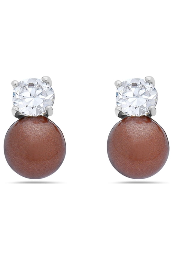 Sterling Silver Tiny Light Brown Color Faux Pearl CZ Summer Earring