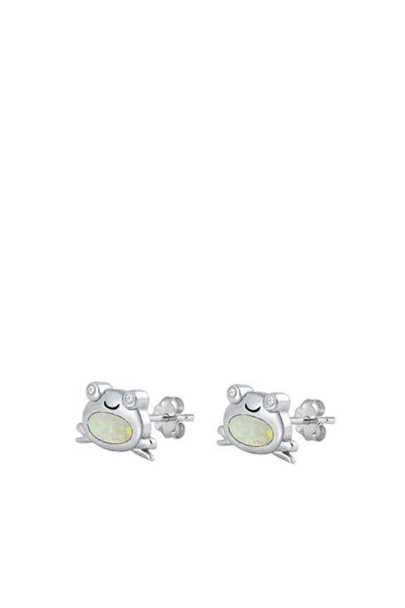 Sterling Silver Tiny White Simulated Opal Frog Animal Stud Earrings 925 New Jewelry Female Unisex