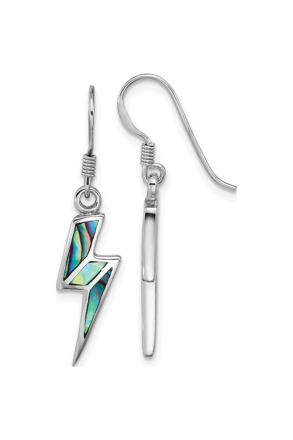Sterling Silver Treasure-Worthy, Feminine Phenomena 6 34.4 Mm Rhodium-Plated Polished Abalone Lightning Bolt Dangle Shepherd Hook Earrings