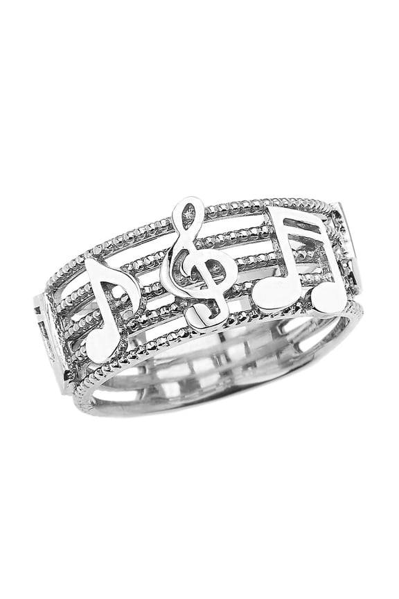 Sterling Silver Treble Clef with Musical Notes Band Ring 8.0 MM- Size 12