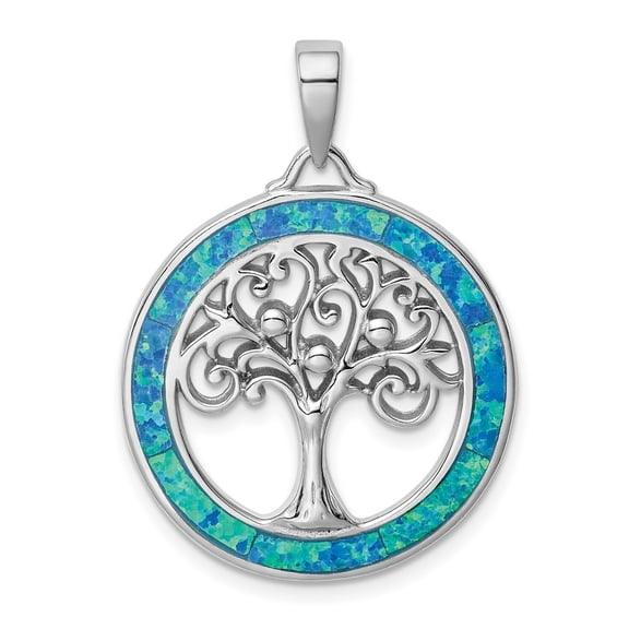 Sterling Silver Tree of Life Pendant Charm with Lab Created Blue Green Opal Inlay
