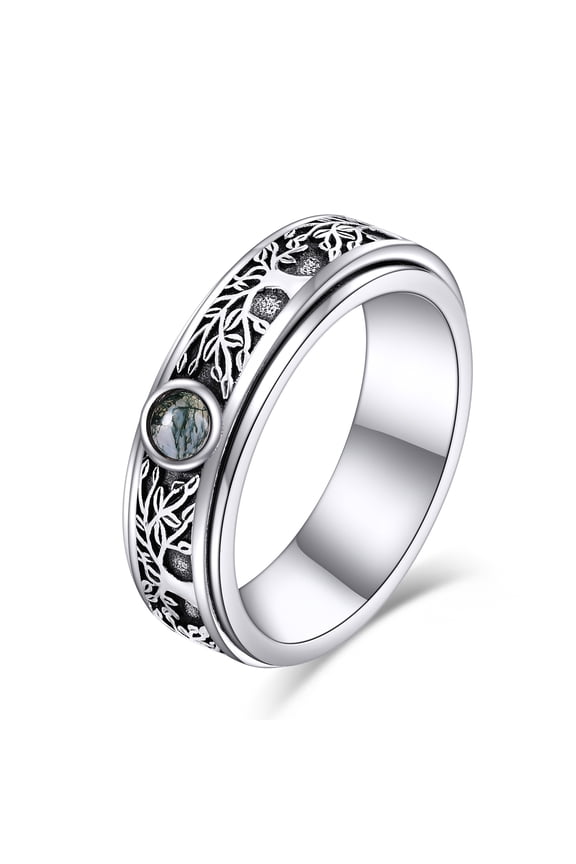 Sterling Silver Tree of Life Anxiety Spinner Rings Moss Agate Fidget Rotatable Mood Rings for Women Men 5 Size