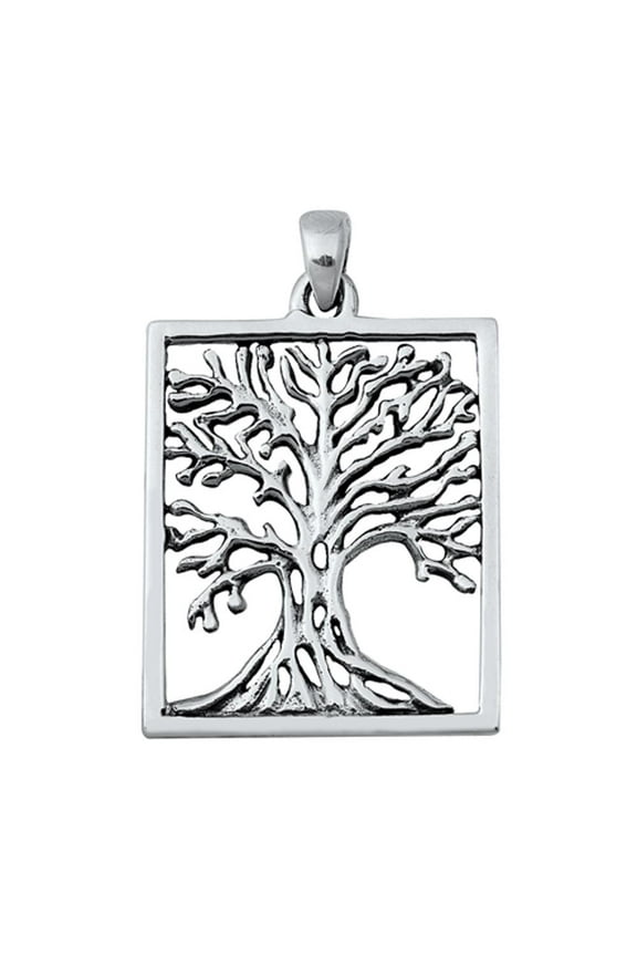 Sterling Silver Tree of Life Pendant Rectangle Frame Nature Branch Roots Charm Jewelry Female Unisex