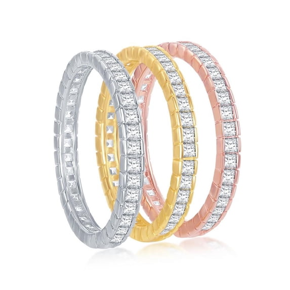 Sterling Silver Tri-Color Baguette Eternity Rings