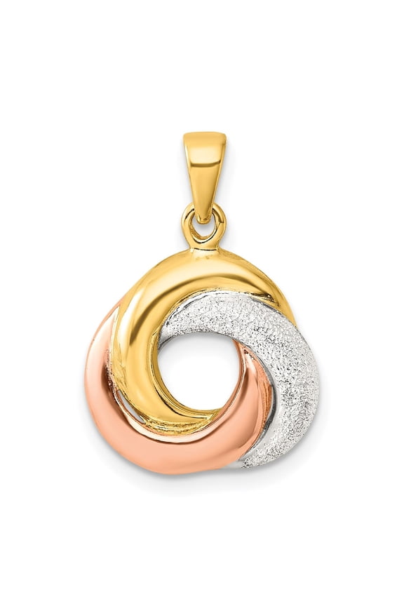 Sterling Silver Tri-Color Interlocking Circle Pendant Necklace for Women with Yellow Rose and White Finishes, Symbolic Unity Eternity Design, Polished and Textured Fashion Jewelry