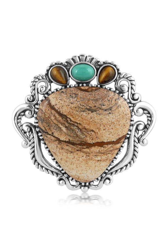 Sterling Silver Triangle Pendant Enhancer - Picture Jasper, Green Turquoise and Tiger's Eye Gemstones