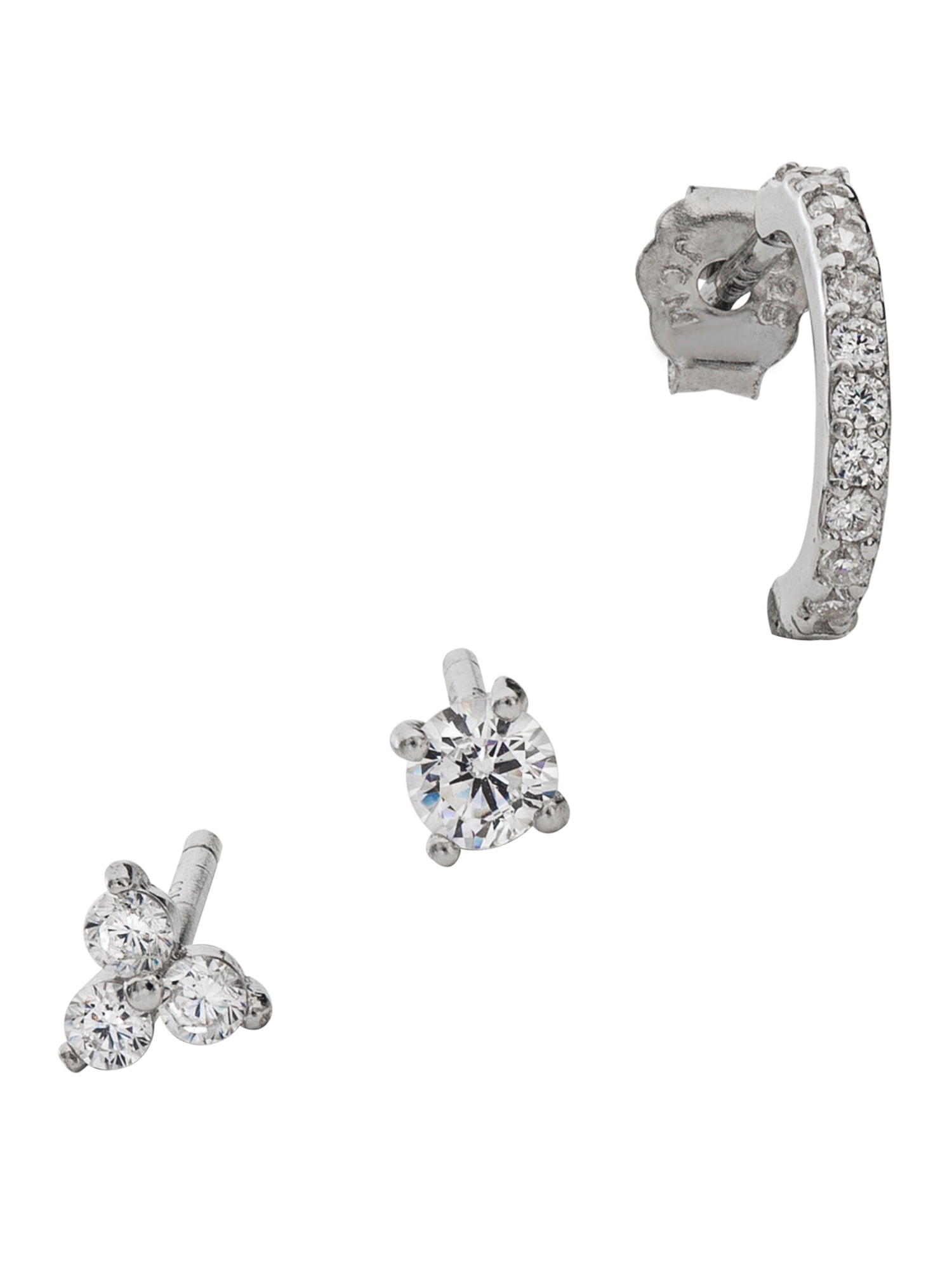 Brilliance Women's Sterling Silver Triangle, Round with Bar & Round Cubic Zirconia Earrings 3pc Set